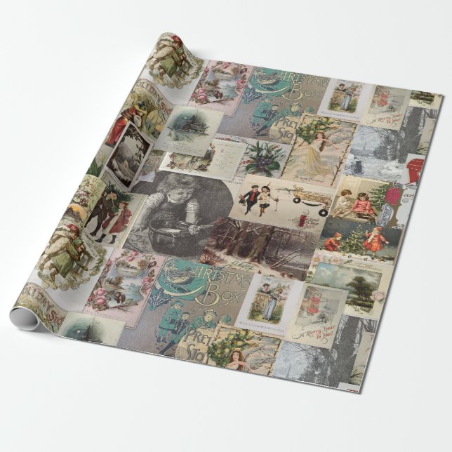 Papier Cadeau Collage de découpage d'objets de Noël anciens (Déroulé)