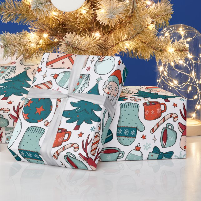Papier Cadeau Collage de Noël joyeux, arbres de Noël, mitaines (Vacances)