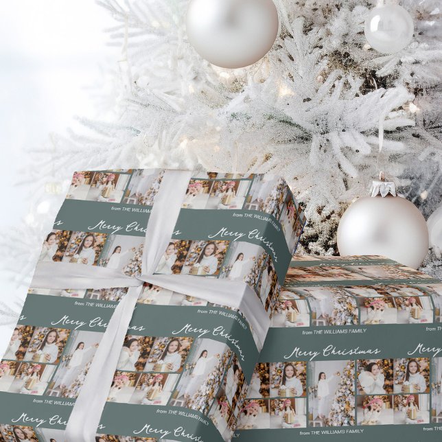 Papier Cadeau Collage de photos de Noël moderne gris vert (Créateur téléchargé)