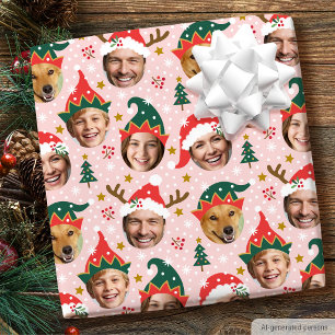 Papier Cadeau Collage de photos de Noël Visage drôle festif Rose