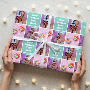 Papier Cadeau Collage de photos personnalisé motif vert rétro mo