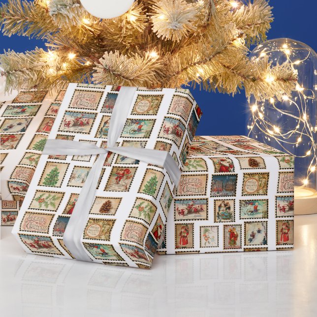 Papier Cadeau Collage de timbres de Noël vintage (Vacances)
