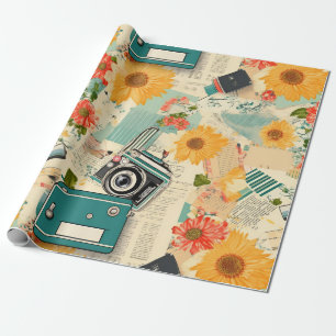 Papier Cadeau Collage d'été de caméra sarcelle et tournesol doré