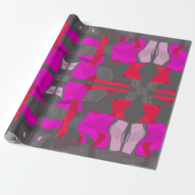 Papier Cadeau Collage égyptien psychédélique : Fuchsia Red Grey (Déroulé)