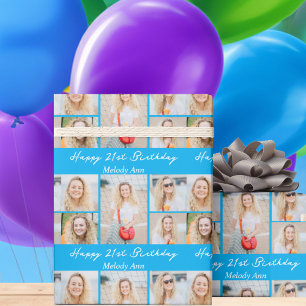 Papier Cadeau Collage photo d'anniversaire bleu clair