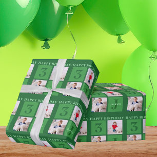 Papier Cadeau Collage photo d'anniversaire vert Enfants personna