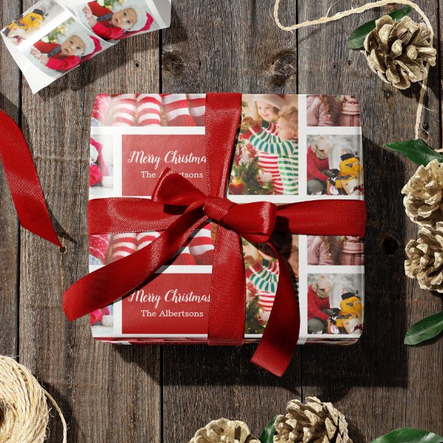 Papier Cadeau Collage photo de Noël 5 avec nom de famille, rouge (Créateur téléchargé)