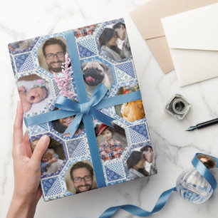 Papier Cadeau Collage photo famille Easy Blue Quilt Look 28 Phot