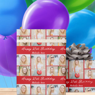 Papier Cadeau Collage photo personnalisé rouge Joyeux Anniversai