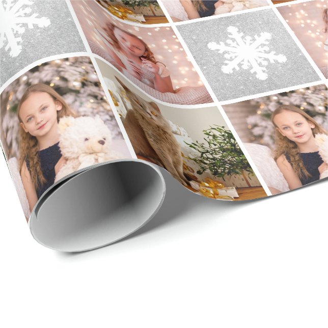 Papier Cadeau Collage photo personnalisé Snowflakes en argent de (Coin rond)