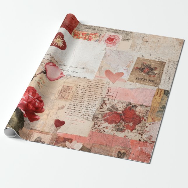 Papier Cadeau Collage Romantique Vintage Rose (3) (Déroulé)