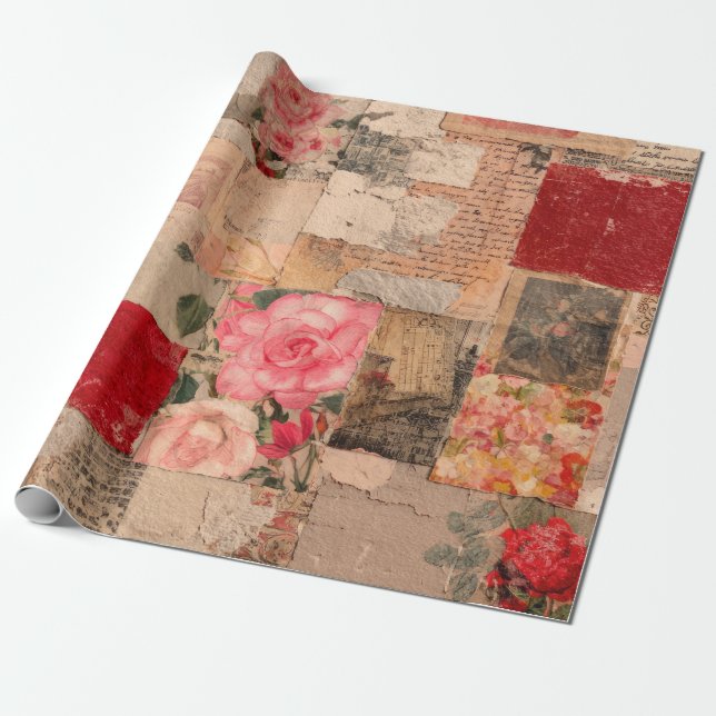 Papier Cadeau Collage Romantique Vintage Rose (5) (Déroulé)