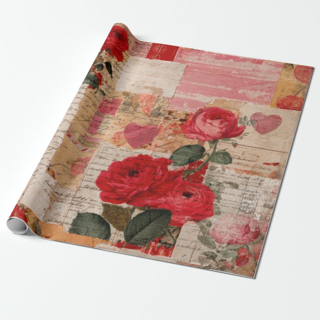 Papier Cadeau Collage Romantique Vintage Rose (6) (Déroulé)