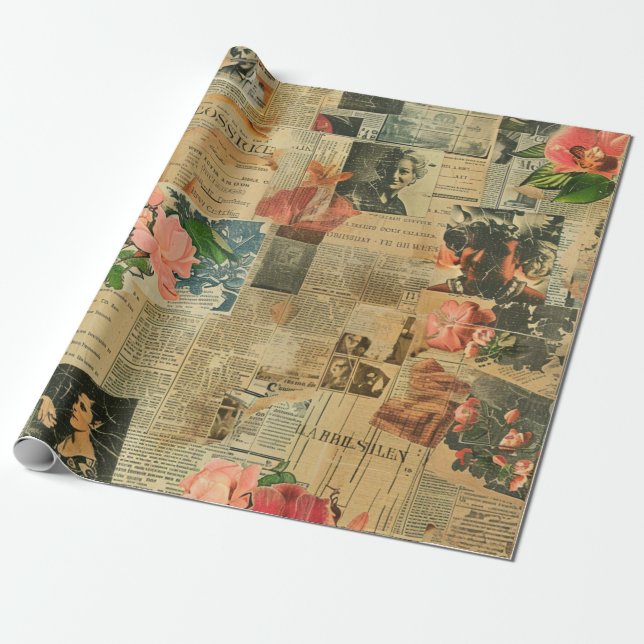 Papier Cadeau Collage rustique Vintage de journaux (2) (Déroulé)