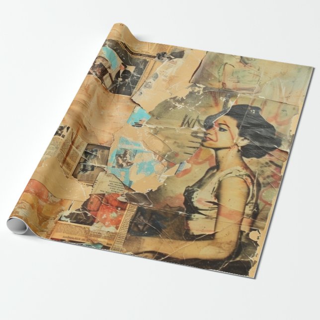 Papier Cadeau Collage rustique Vintage de journaux (8) (Déroulé)