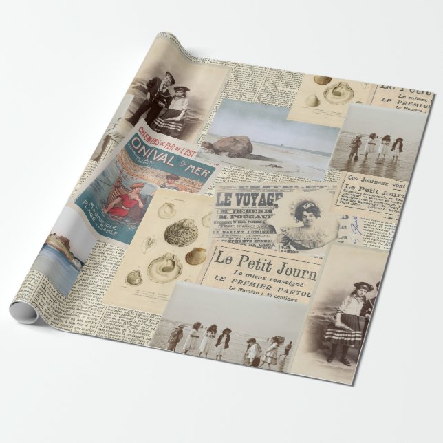 Papier Cadeau Collage vintage pour enfants en bord de mer (Déroulé)
