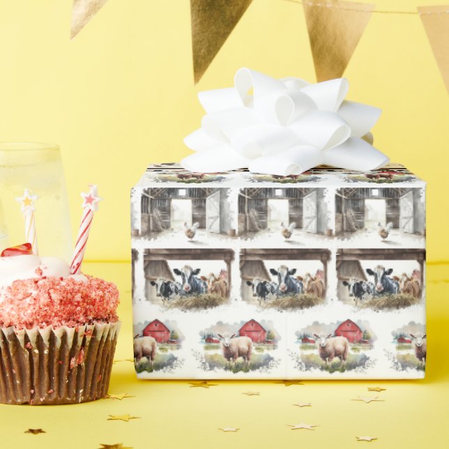 Papier Cadeau Collection d'animaux de ferme d'aquarelles (Fête d'anniversaire)