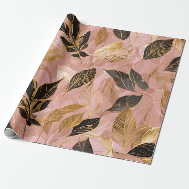 Papier Cadeau Collection de Feuilles Boho Populaire en or rose (Déroulé)