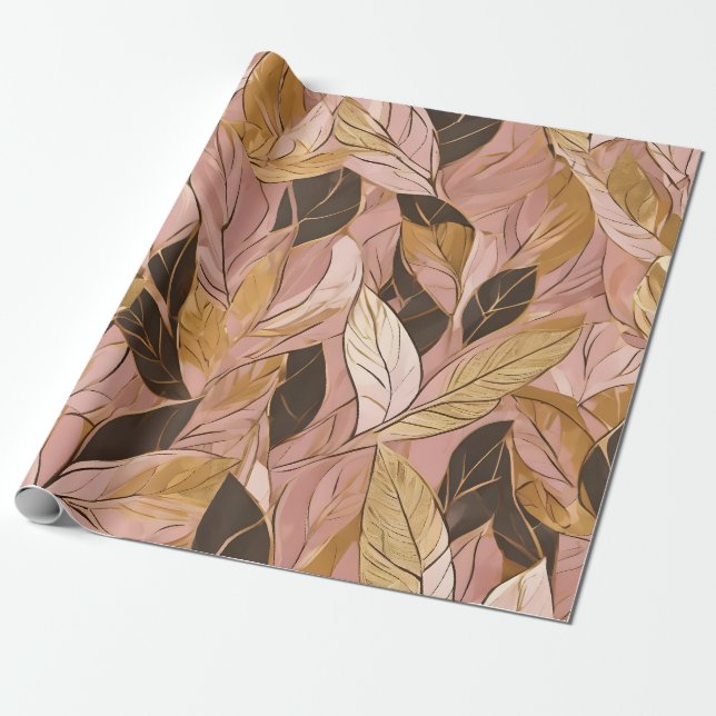 Papier Cadeau Collection de Feuilles de Boho Rouge Rose Populair (Déroulé)