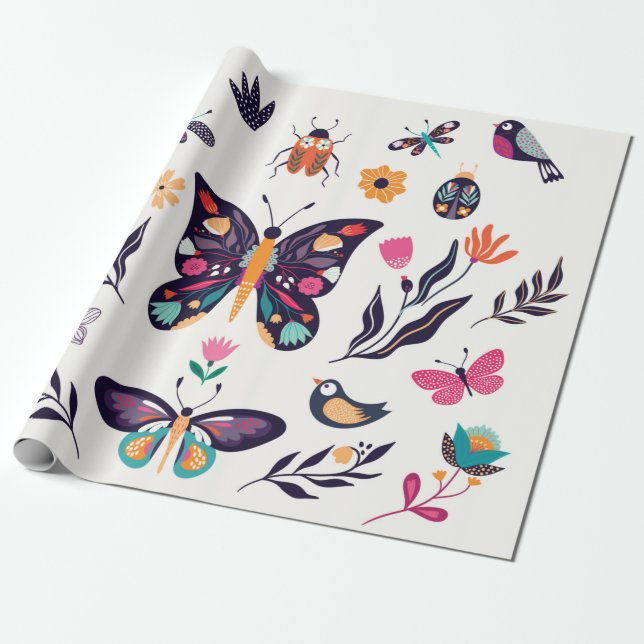 Papier Cadeau Collection d'éléments d'été du printemps à la main (Déroulé)