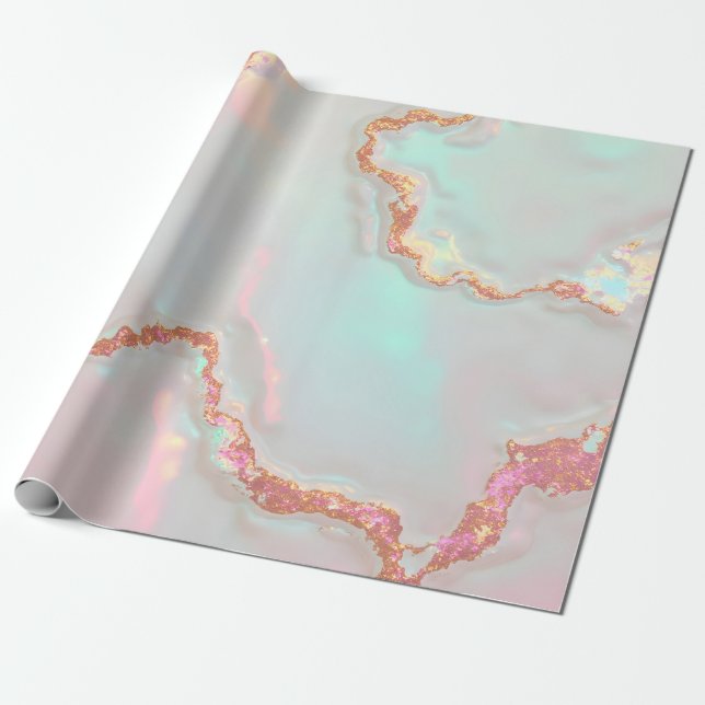 Papier Cadeau Collection Luxe Moderne Rose Pâle Menthe Douce Or (Déroulé)