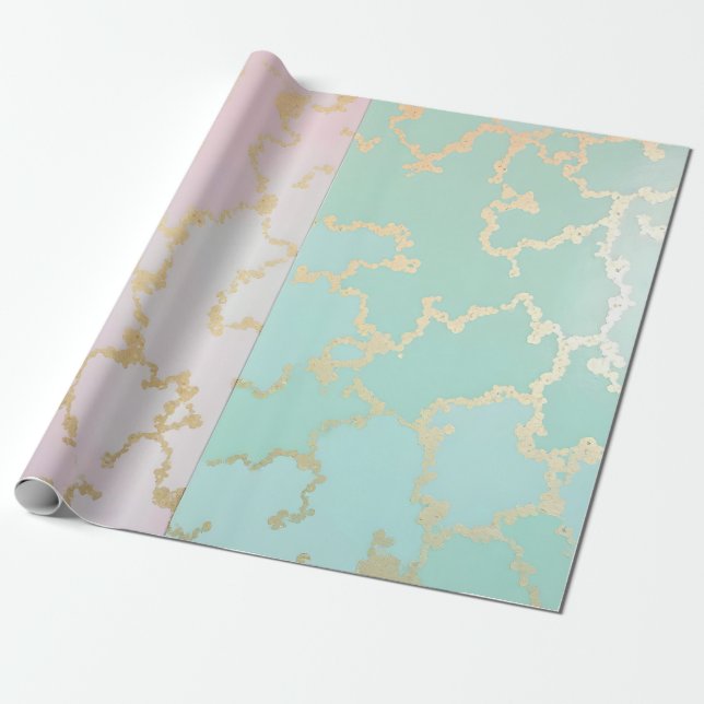 Papier Cadeau Collection Luxe Tendance Rose Pâle Menthe Douce Or (Déroulé)
