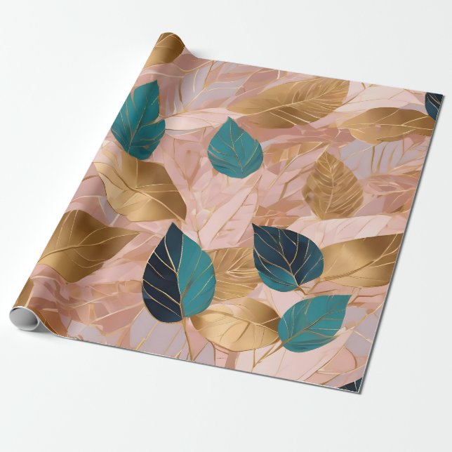 Papier Cadeau Collection moderne de Feuilles Boho en or rose vif (Déroulé)