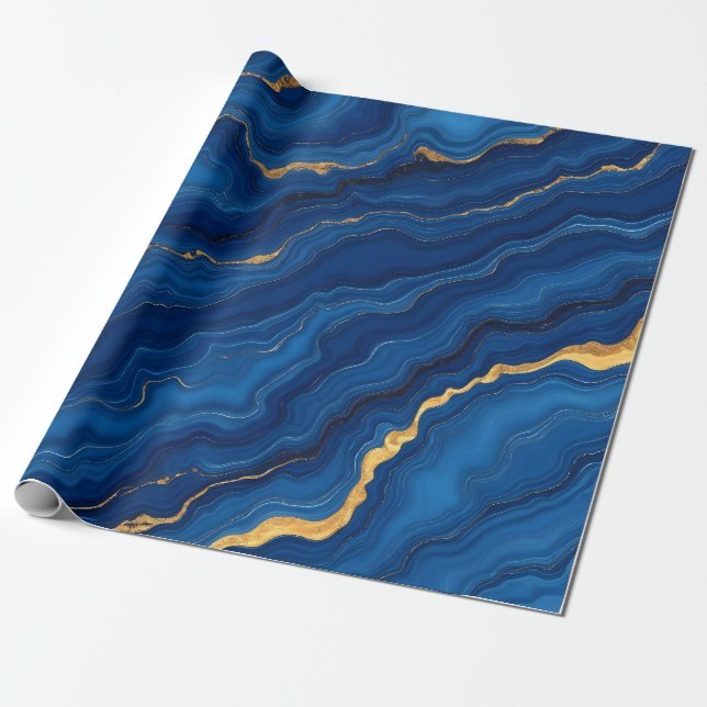 Papier Cadeau Collection moderne de marbre Royal Blue Gold (Déroulé)