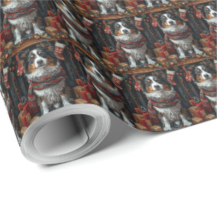 Papier Cadeau Collie à poil long avec des cadeaux de Noël devant