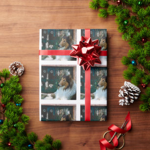 Papier Cadeau Collie de Noël à la fenêtre