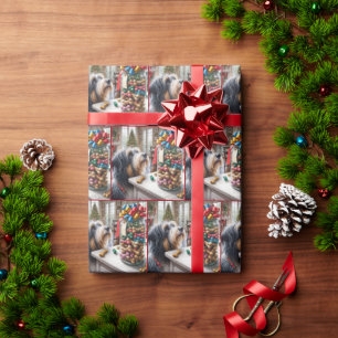 Papier Cadeau Collie Porté Avec Les Os De Chien De Noël