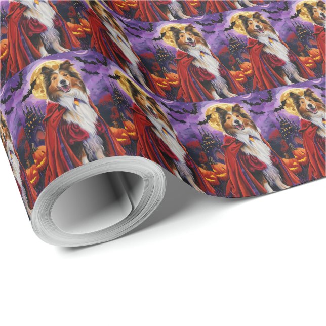Papier Cadeau Collie Rough Halloween Vampire Citrouilles Effraya (Coin rond)