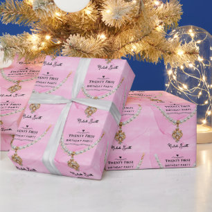 Papier Cadeau Collier Perle Rose Élégant 21e Anniversaire
