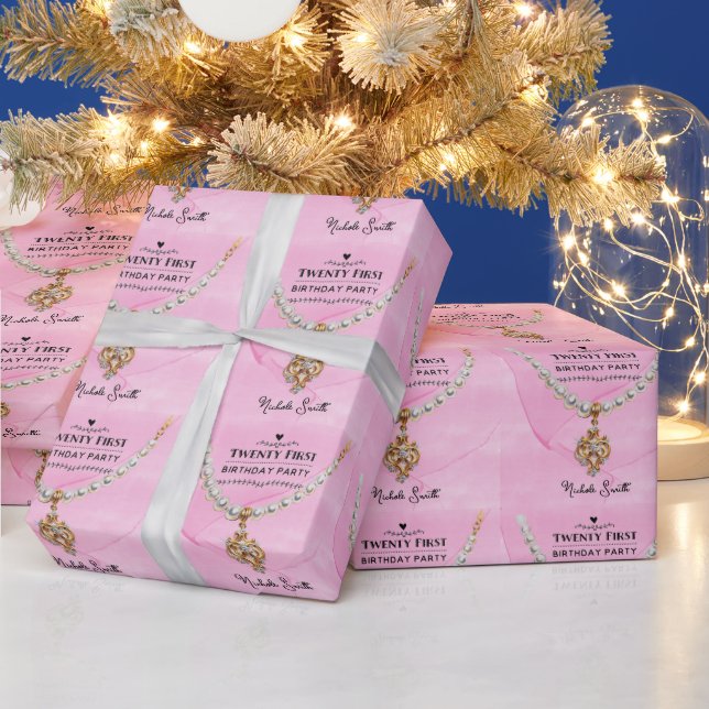Papier Cadeau Collier Perle Rose Élégant 21e Anniversaire (Vacances)