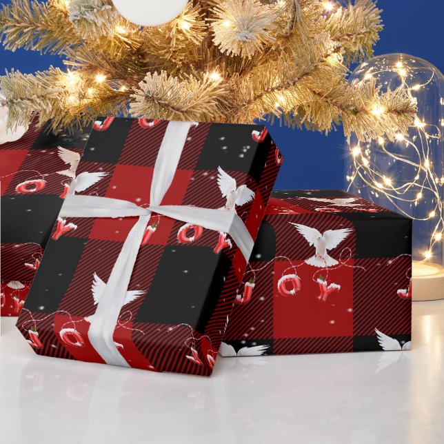 Papier Cadeau Colombe de Noël avec joie sur carreaux (Vacances)