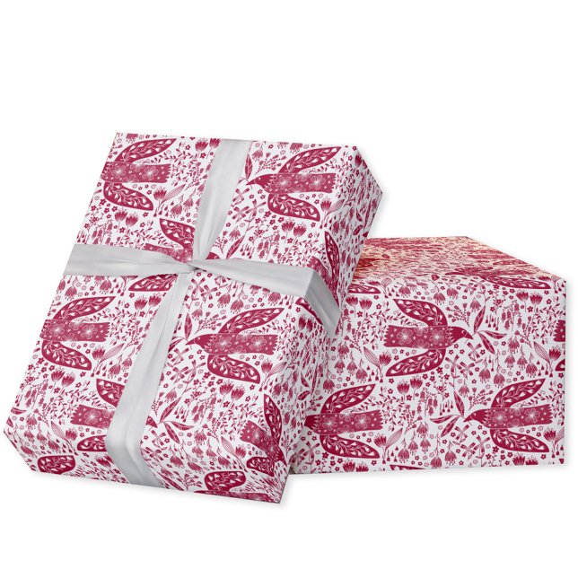 Papier Cadeau Colombe Dove Rouge et Blanche Festive (Peace dove red and white festive bird  folk art gift wrapping paper roll)