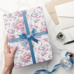 Papier Cadeau Colombes de mariage avec pivoines roses et rubans