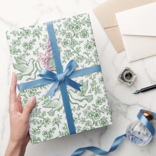 Papier Cadeau Colombes de mariage vertes avec rubans et fleurs (Cadeaux)