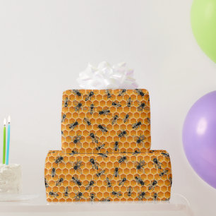 Papier Cadeau Colonie d'Abeilles Rucher Doré en Nid d'Abeille