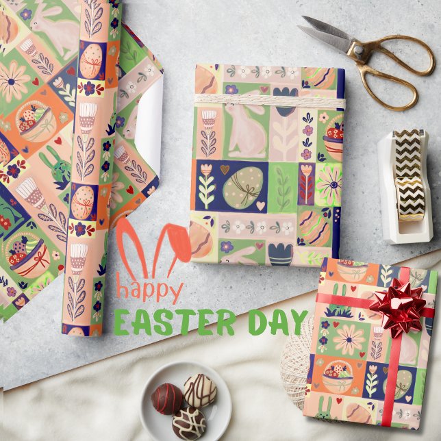 Papier Cadeau Coloré Joyeux Lapin Vert Rose (Colorful Cheerful Pink Green Bunny Wrapping Pape)