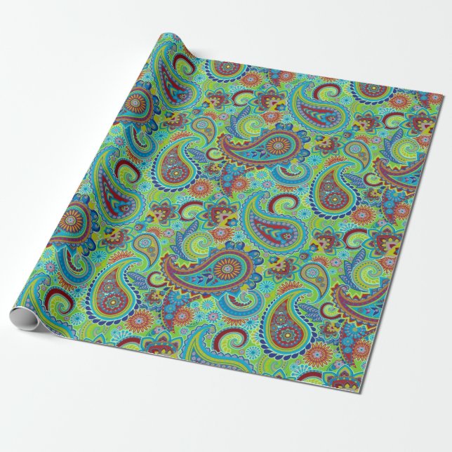 Papier Cadeau Coloré Retro Floral Paisley Motif (Déroulé)