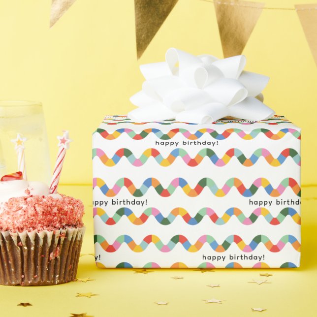 Papier Cadeau Colorful Joyeux Anniversaire Texte Wavy Stripe Mot (Fête d'anniversaire)