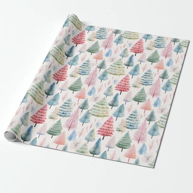 Papier Cadeau Colourful Pastel Christmas Pine Trees Pattern (Déroulé)