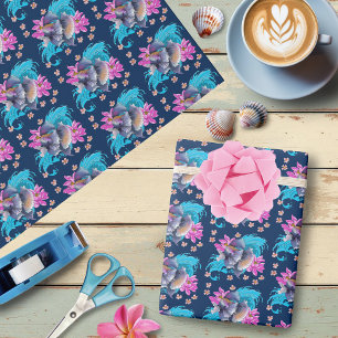 Papier Cadeau Combattant siamois Betta Poisson Lotus Vagues Bleu