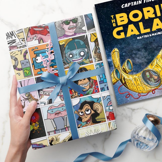 Papier Cadeau Comic Colorful Caractères amusants Grille Motif Pa (Comic Colorful Fun Characters Grid Pattern Party Wrapping Paper)