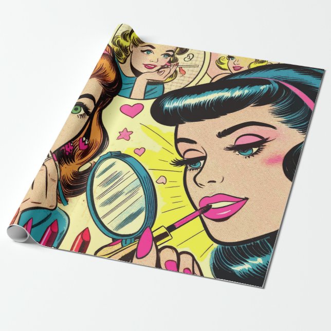 Papier Cadeau Comics pour filles de maquillage vintage (Déroulé)