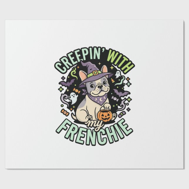 Papier Cadeau Compagnon effrayant Bouledogue Français Halloween (Plat)