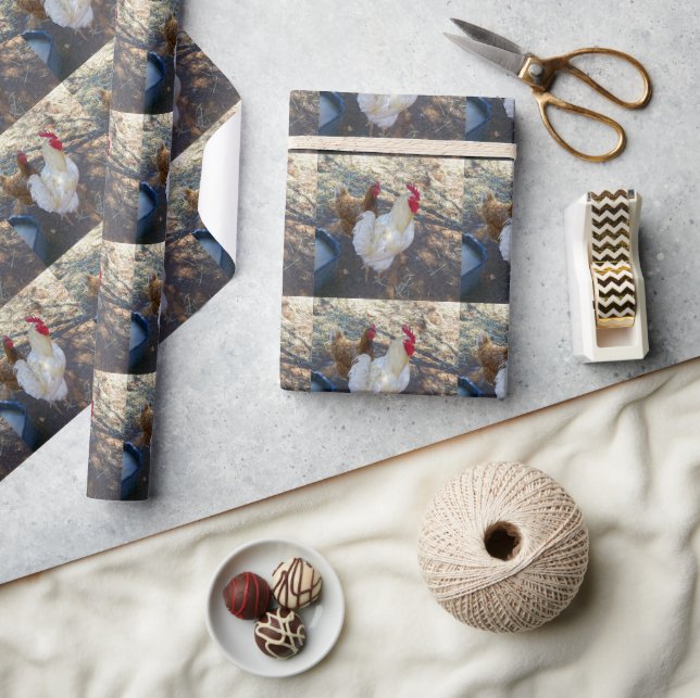 Papier Cadeau Compagnons de plumes : Coq blanc et Sa Hen (Artisanat)