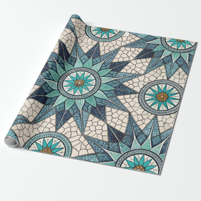 Papier Cadeau Compas Mosaïque Verre Teinté Indigo Sarcelle – Vit (Déroulé)