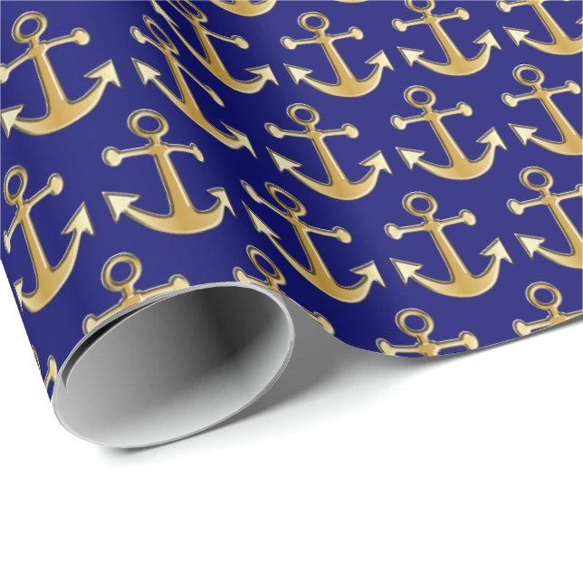 Papier Cadeau Conception d'Ancre de bleu marine d'or et (Coin rond)